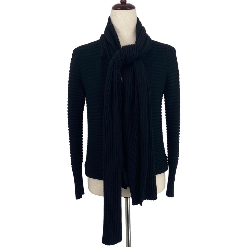 St John Nordstrom S Cashmere Black Ribbed Knit Tie Neck Open Front Sweater Black